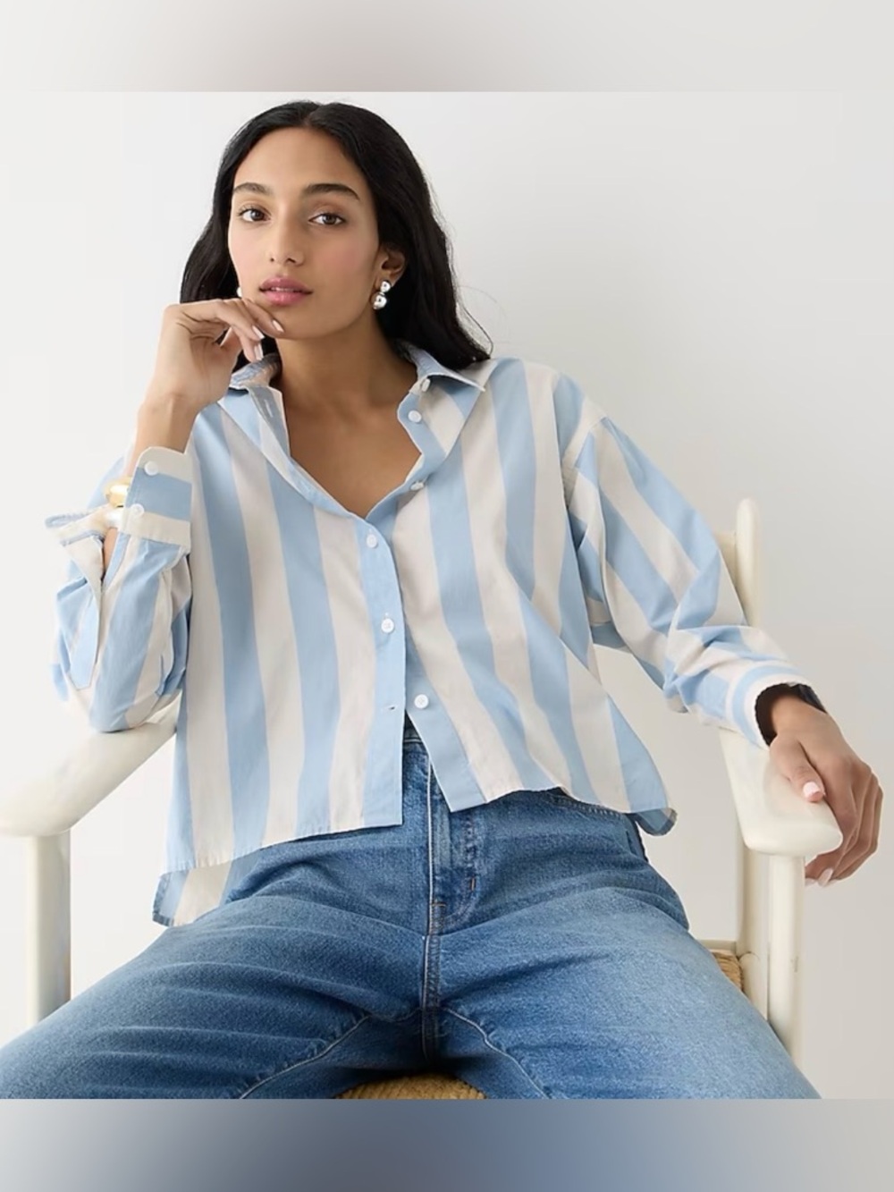 J.CREW Size 6 Relaxed Fit Cropped Shirt BARLOW STRIPE BABY BLUE/WHITE BUTTON UP